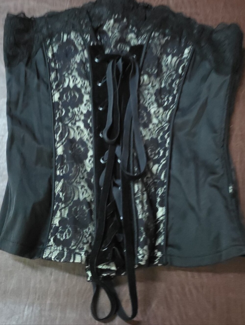 Black Lace Corset Top with Satin Lacing Hot Topic Trip Skull Gothic Large Zipper